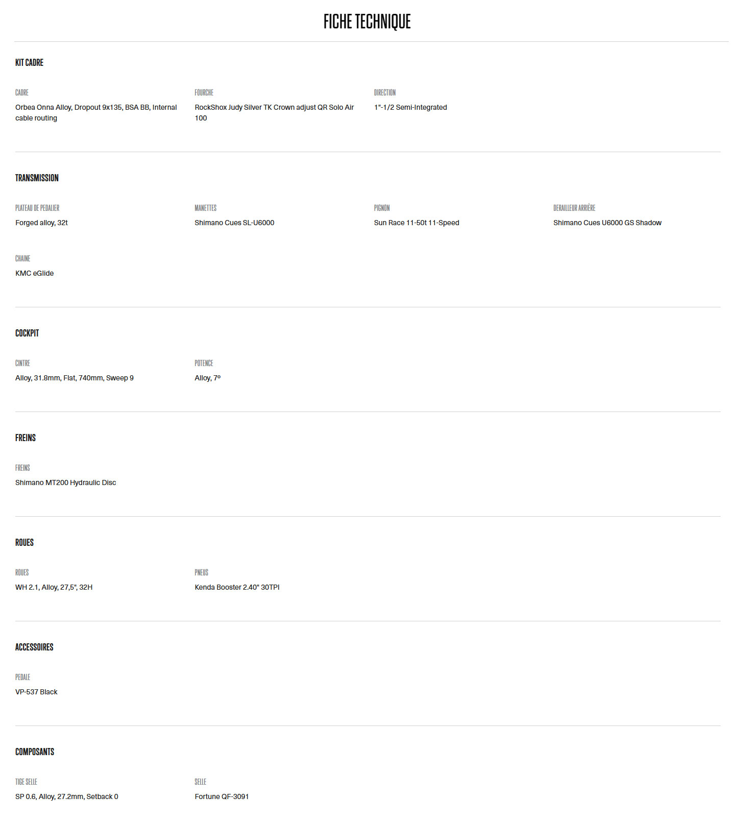 Caracteristique technique du Onna 20 année 2025